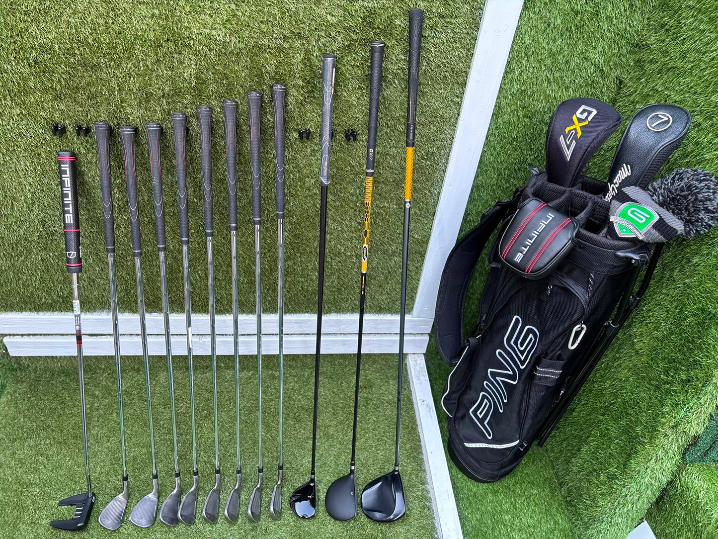 TaylorMade Irons, Cleveland Driver, GX-7 Wood, MacGregor 7 Wood, Wilson Putter & Ping Stand Bag