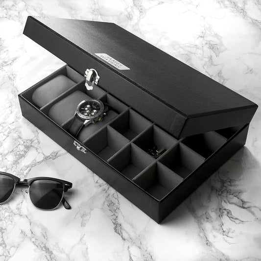 Black Leather effect Personalised Watch & Cufflinks Box