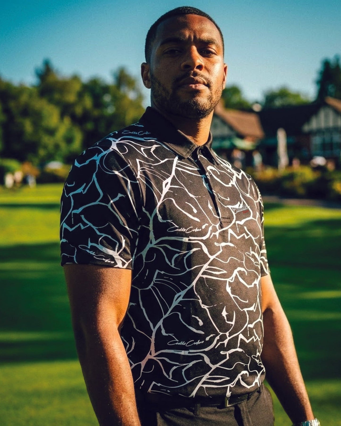 Black Men’s 4-Way Stretch Golf Polo – Moisture-Wicking, Abstract Design