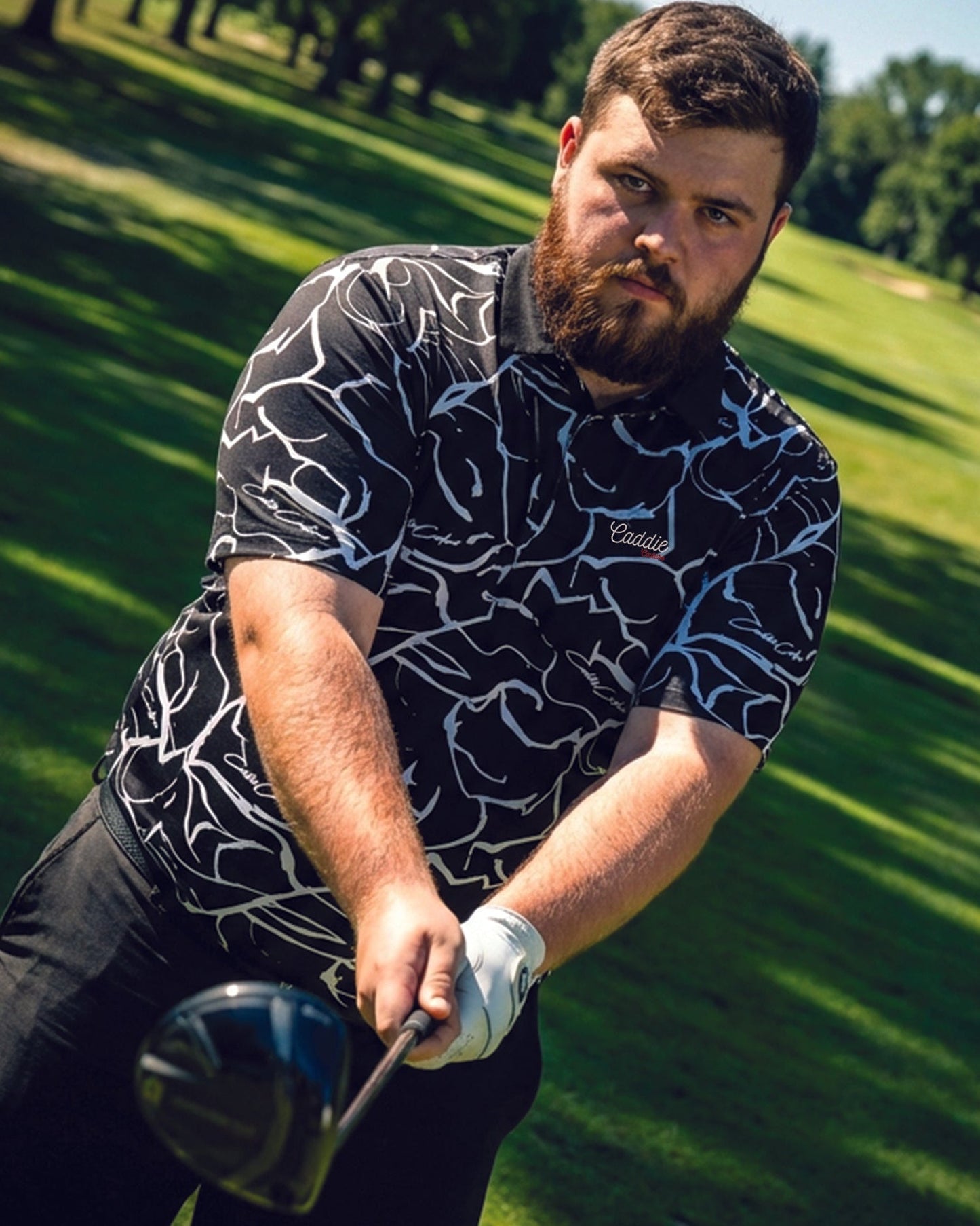 Black Men’s 4-Way Stretch Golf Polo – Moisture-Wicking, Abstract Design