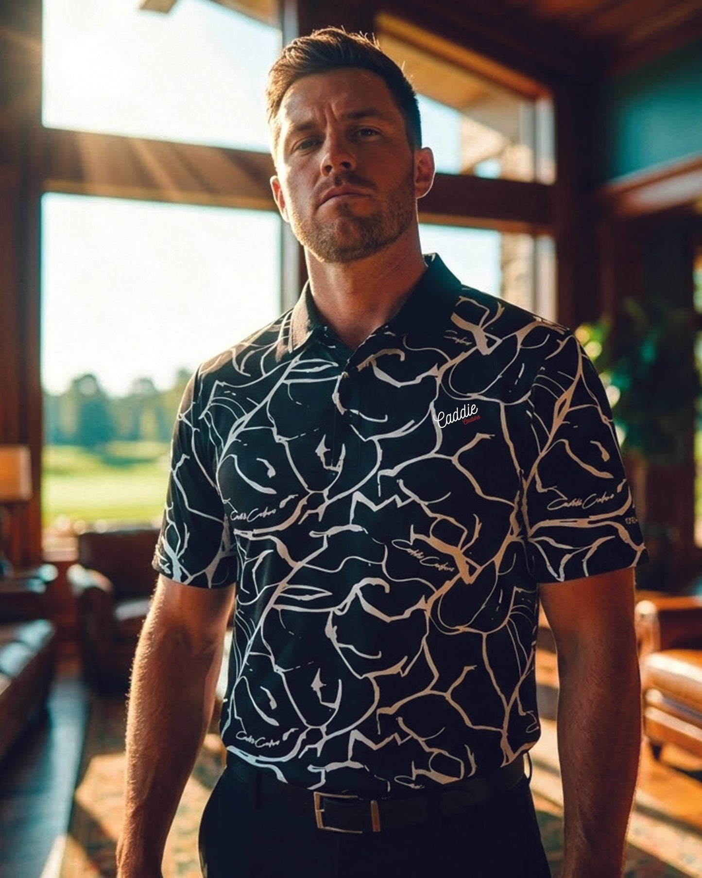 Black Men’s 4-Way Stretch Golf Polo – Moisture-Wicking, Abstract Design