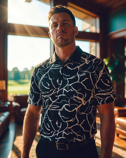Black Men’s 4-Way Stretch Golf Polo – Moisture-Wicking, Abstract Design
