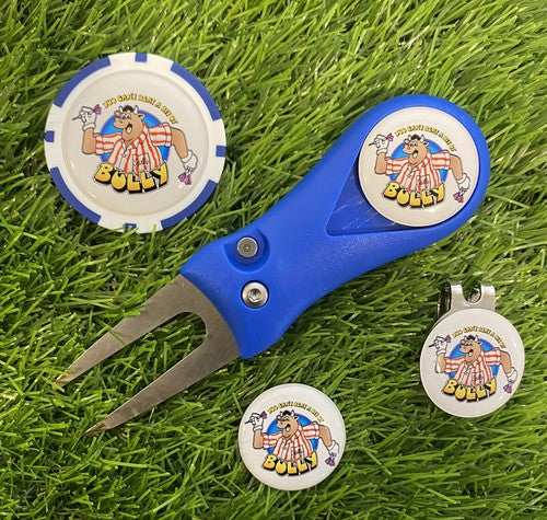Golf Pitchfork Magnetic Hat Clip With 3 Bullseye Bully Markers And Poker chip