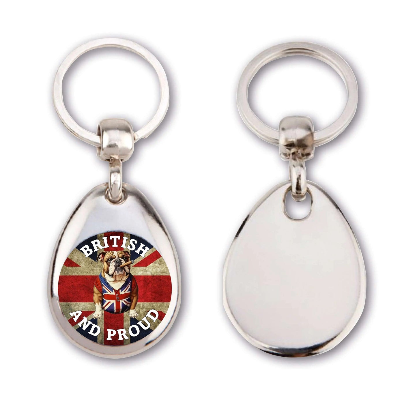 Choice of 4 Union Jack Key Rings with a British and Proud Theme