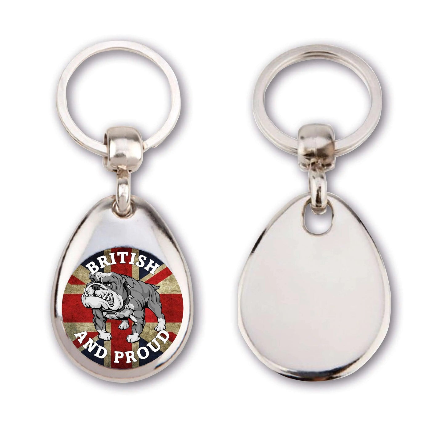 Choice of 4 Union Jack Key Rings with a British and Proud Theme
