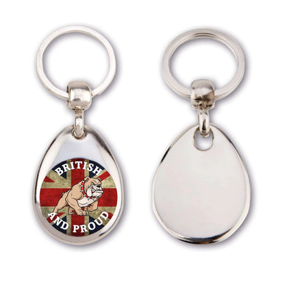 Choice of 4 Union Jack Key Rings with a British and Proud Theme