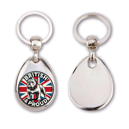 Choice of 4 Union Jack Key Rings with a British and Proud Theme