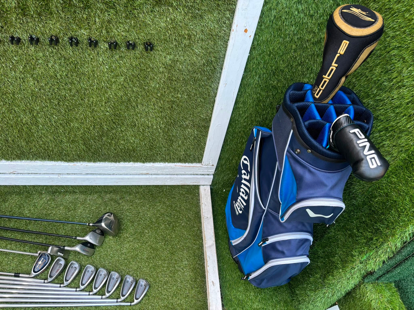 Wilson Deep Red Irons, Cobra Driver, TaylorMade Wood, TaylorMade Hybrid, Ping Putter Callaway Cart Bag