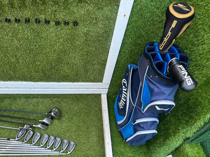 Wilson Deep Red Irons, Cobra Driver, TaylorMade Wood, TaylorMade Hybrid, Ping Putter Callaway Cart Bag