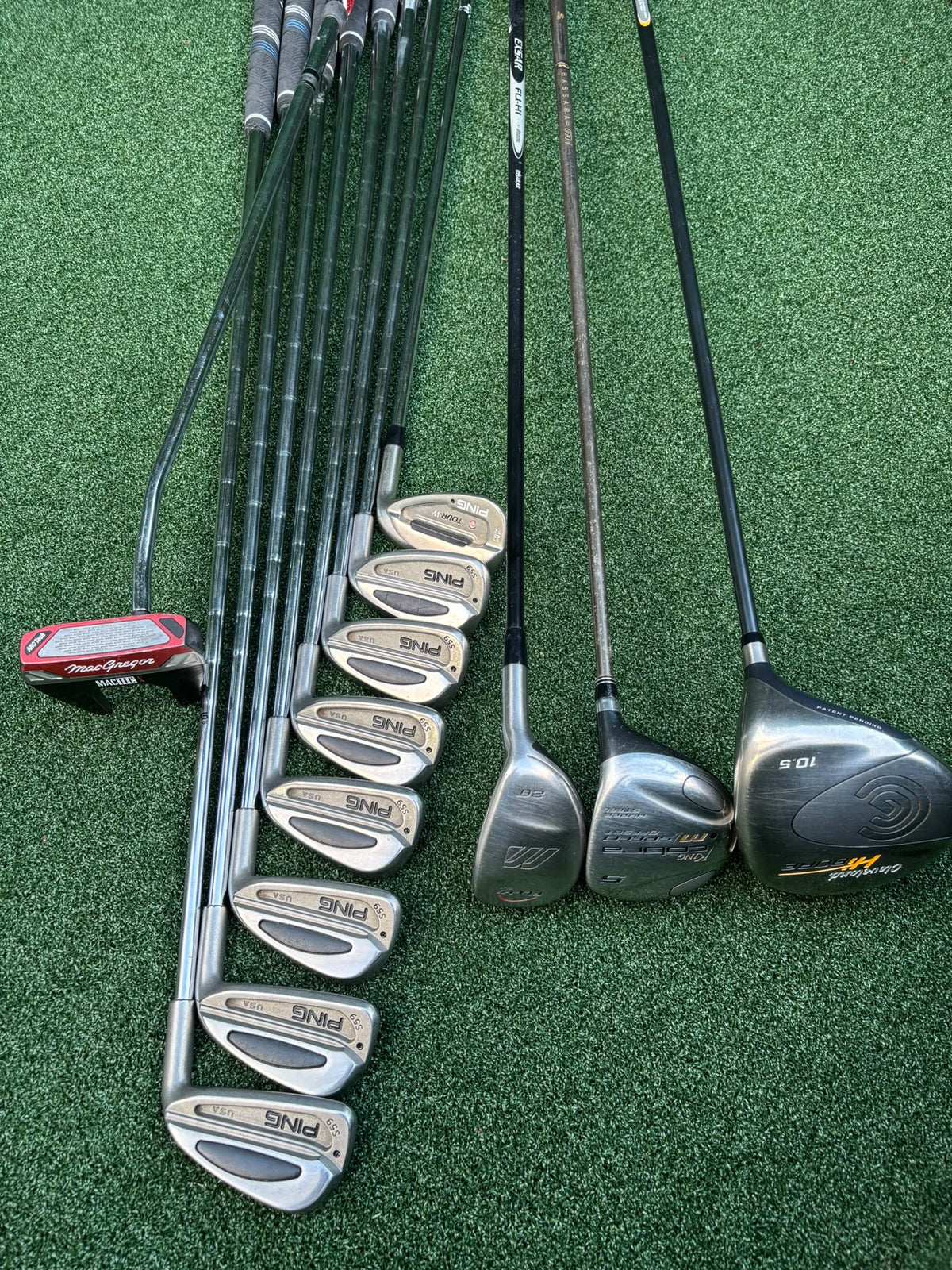 PING S59 4–PW Irons, Tour-W 52° Wedge, Cleveland HiBore Driver, Cobra 5 Wood, Mizuno Hybrid, MacGregor Putter & Stand Bag