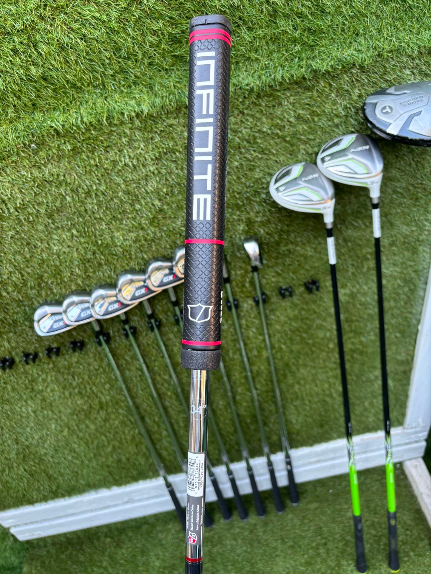 Masters GX1 Irons, Trilogy Ti-Matrix Driver, Dunlop NZ9 Fairway Woods, Wilson Infinite Buckingham Putter & PowaKaddy Cart Bag