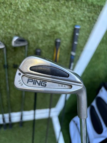 PING S59 4–PW Irons, Tour-W 52° Wedge, Cleveland HiBore Driver, Cobra 5 Wood, Mizuno Hybrid, MacGregor Putter & Stand Bag