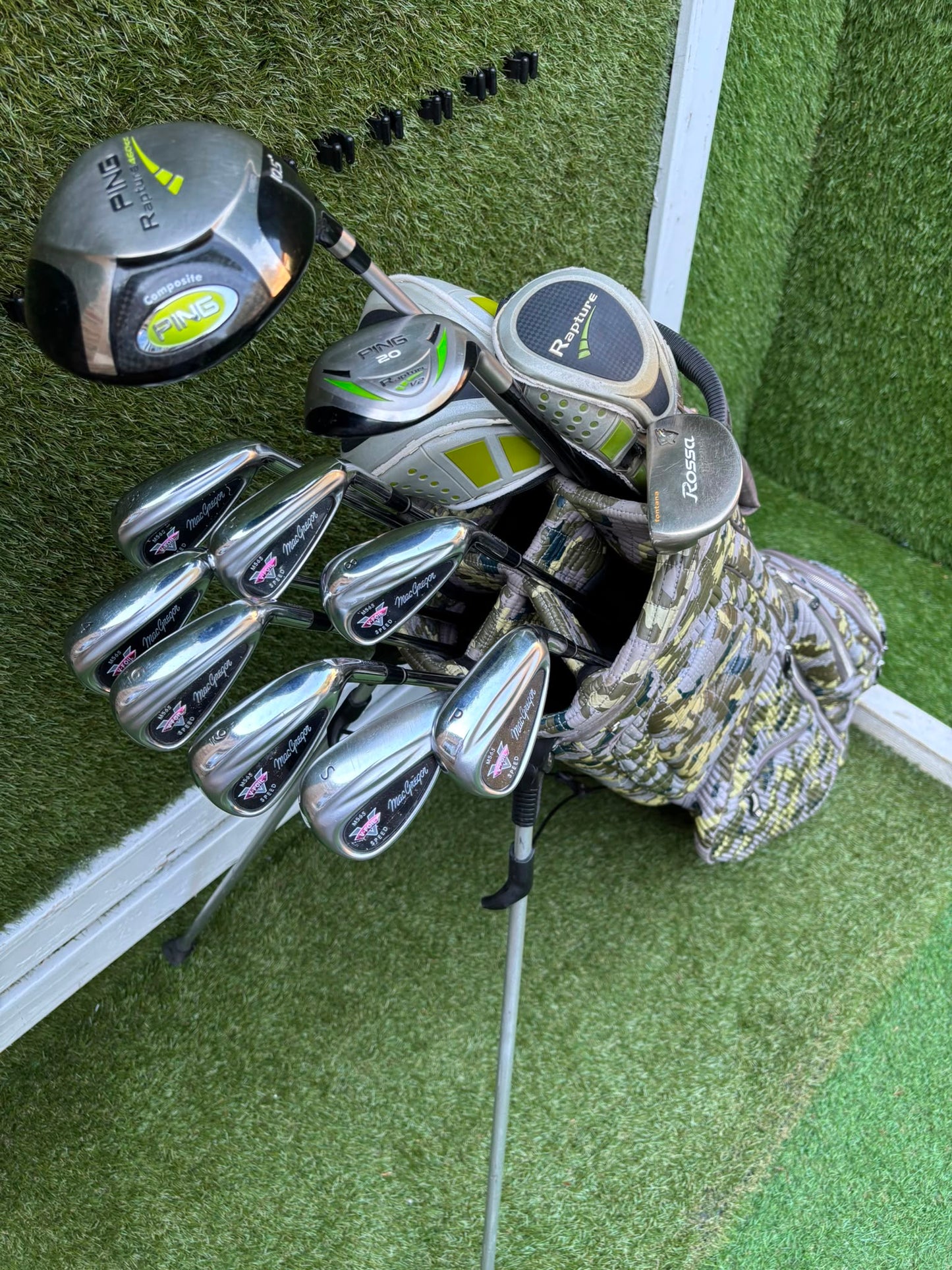 MacGregor V-Foil M565 Irons, Ping Driver, Ping Hybrid, TaylorMade Putter & Premium OUUL Camouflage Stand Bag