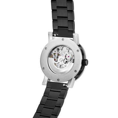 PUNCH Mens Watch, Black & Silver Skeleton Automatic Watch - Silver Metal Strap