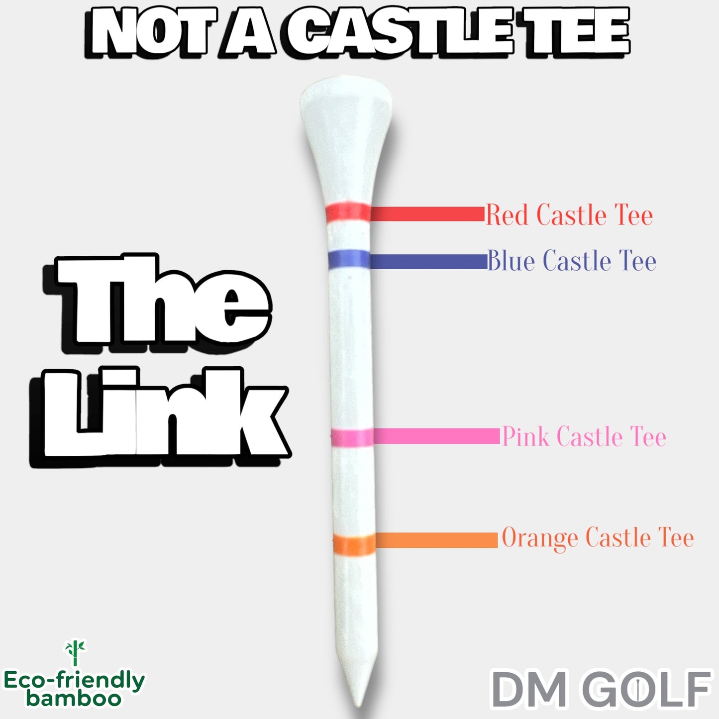 The Link-Not A Castle Tee-Premium 70mm Bamboo Golf Tee With Orange, Pink, Blue & Red Castle Height Indicators-50 Pack