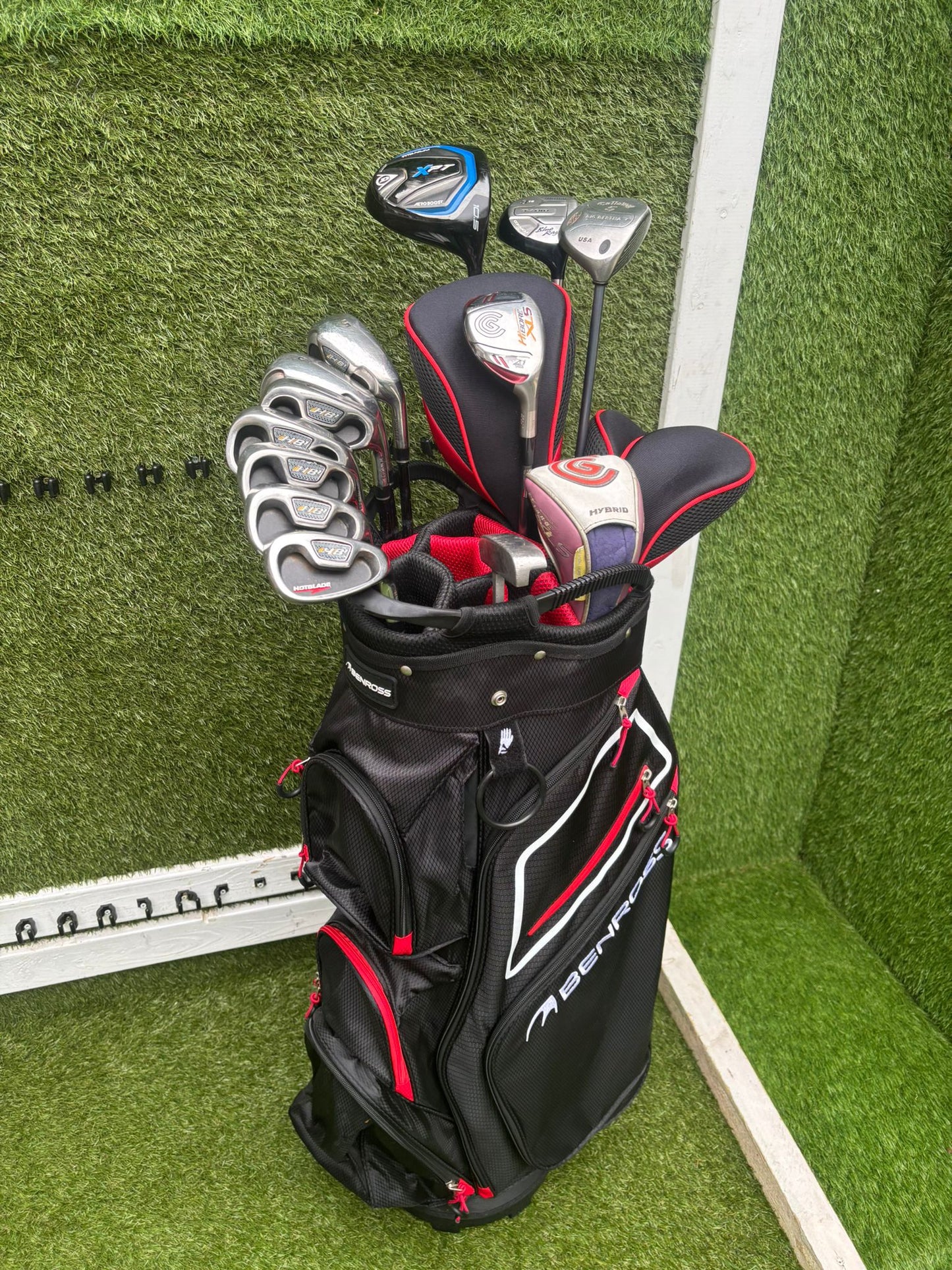 Wilson HotBlade Irons (5–SW) with Dunlop XPT Driver, Callaway & Mizuno Woods, Cleveland Hybrid Benross Cart Bag (12 Clubs)
