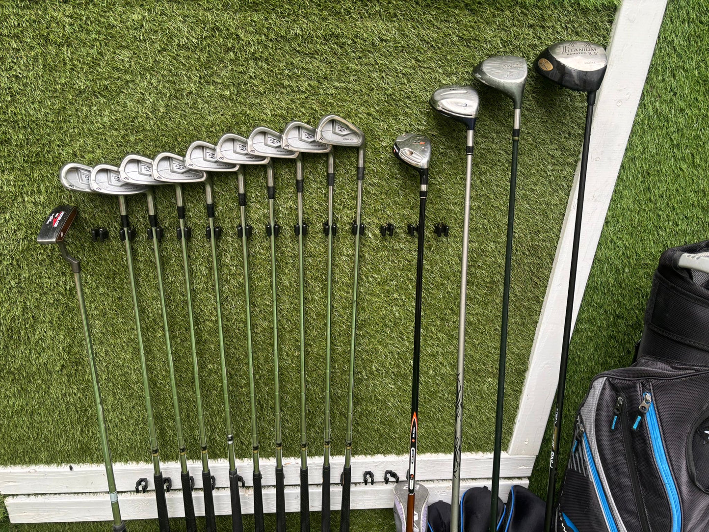 Mizuno Zoid Comp CT Irons + Titleist & Cobra Drivers + Mizuno Woods + Tail Moore Putter + PowaKaddy Cart Bag – 14 Clubs