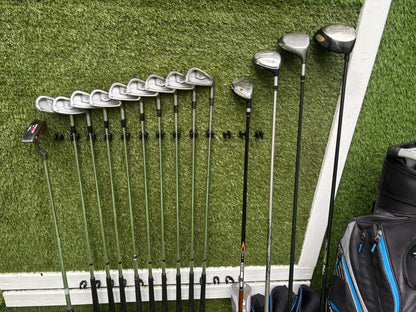 Mizuno Zoid Comp CT Irons + Titleist & Cobra Drivers + Mizuno Woods + Tail Moore Putter + PowaKaddy Cart Bag – 14 Clubs