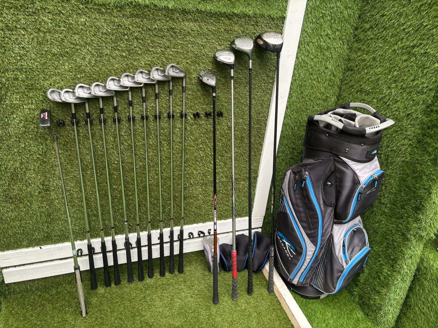 Mizuno Zoid Comp CT Irons + Titleist & Cobra Drivers + Mizuno Woods + Tail Moore Putter + PowaKaddy Cart Bag – 14 Clubs