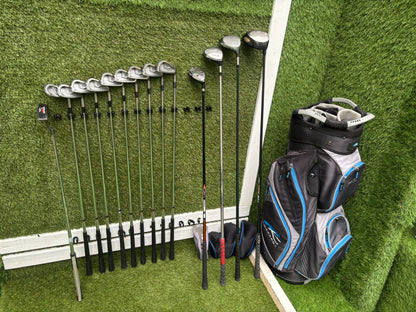 Mizuno Zoid Comp CT Irons + Titleist & Cobra Drivers + Mizuno Woods + Tail Moore Putter + PowaKaddy Cart Bag – 14 Clubs