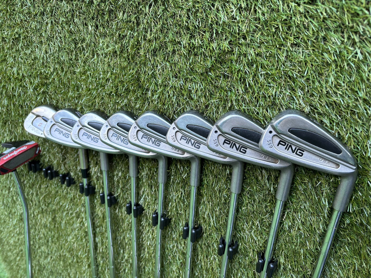 PING S59 4–PW Irons, Tour-W 52° Wedge, Cleveland HiBore Driver, Cobra 5 Wood, Mizuno Hybrid, MacGregor Putter & Stand Bag