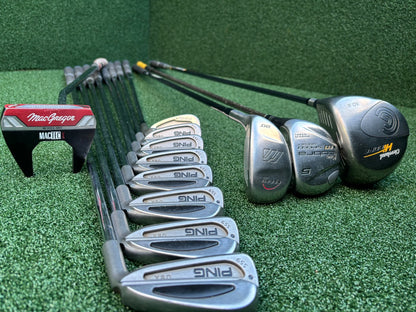 PING S59 4–PW Irons, Tour-W 52° Wedge, Cleveland HiBore Driver, Cobra 5 Wood, Mizuno Hybrid, MacGregor Putter & Stand Bag