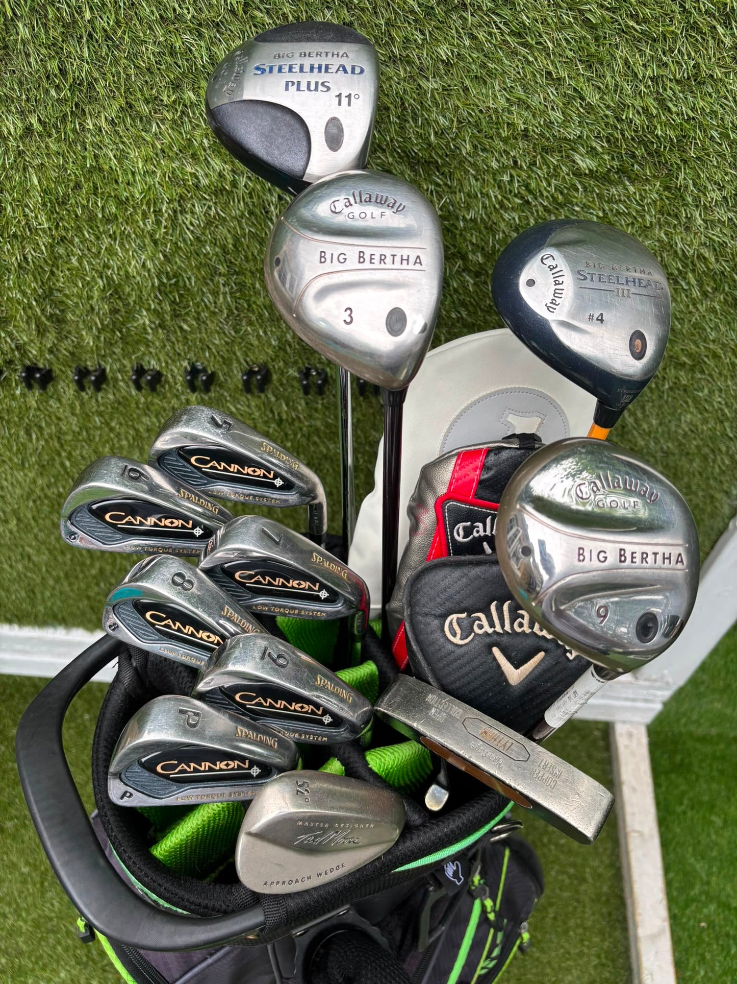 Callaway Big Bertha Woods, Spalding Cannon Irons (5–PW), Tad Moore Wedge & Caddymatic Cart Bag