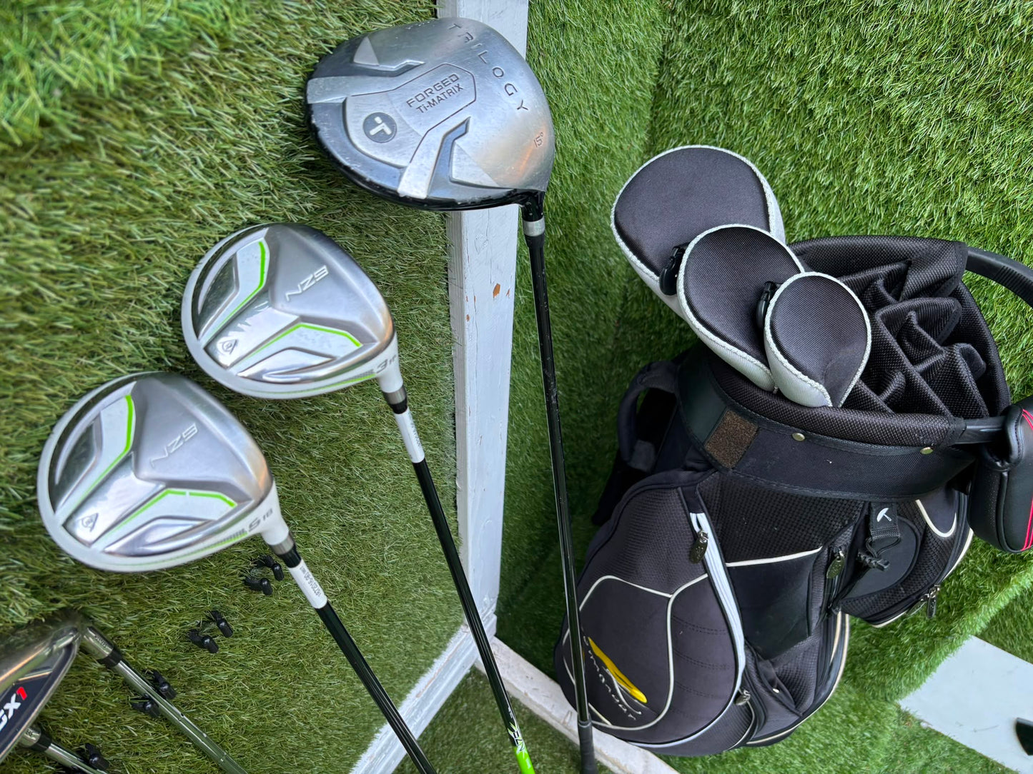 Masters GX1 Irons, Trilogy Ti-Matrix Driver, Dunlop NZ9 Fairway Woods, Wilson Infinite Buckingham Putter & PowaKaddy Cart Bag