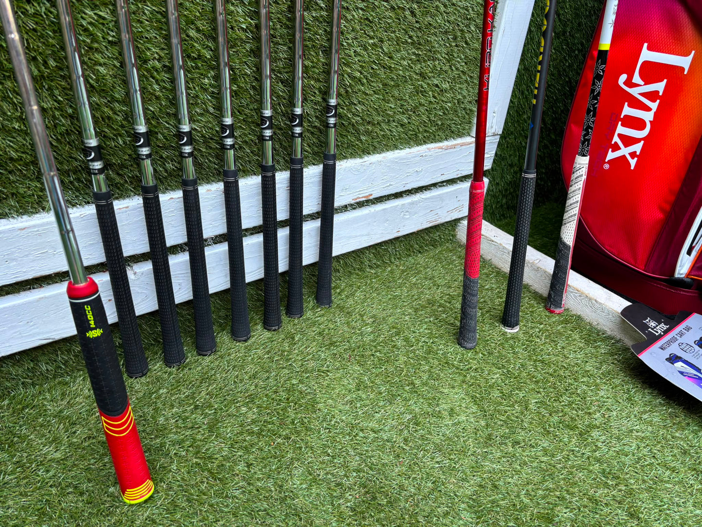 Nike Slingshot 4D Irons, Nike Driver, Cobra 4 Wood, Nike VR_S Hybrid, Odyssey Putter, New Lynx Waterproof Cart Bag