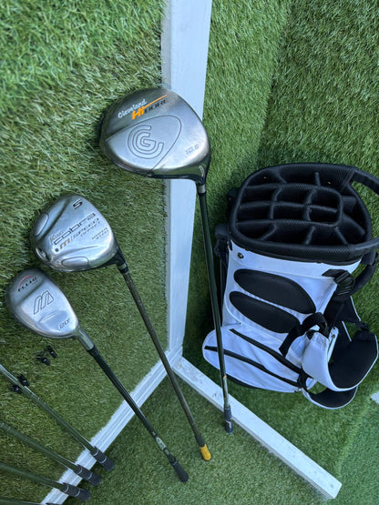 PING S59 4–PW Irons, Tour-W 52° Wedge, Cleveland HiBore Driver, Cobra 5 Wood, Mizuno Hybrid, MacGregor Putter & Stand Bag