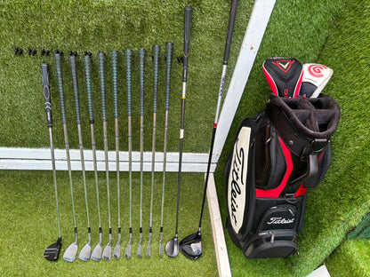 Wilson 3–SW Irons, TaylorMade Driver, Cleveland Fairway, Slazenger Putter & Titleist Cart Bag