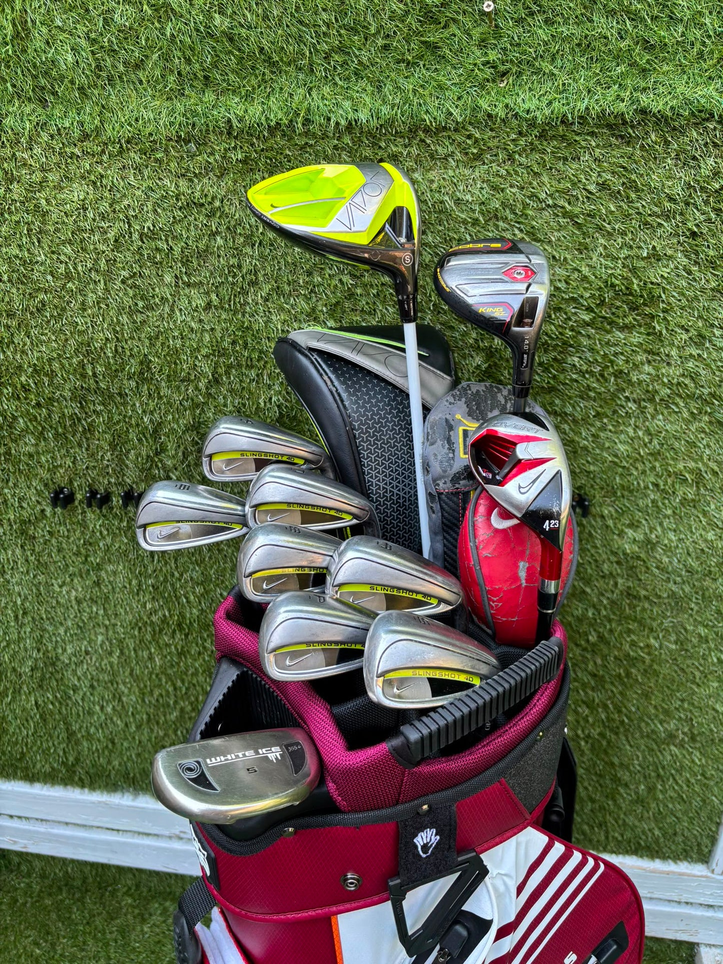 Nike Slingshot 4D Irons, Nike Driver, Cobra 4 Wood, Nike VR_S Hybrid, Odyssey Putter, New Lynx Waterproof Cart Bag