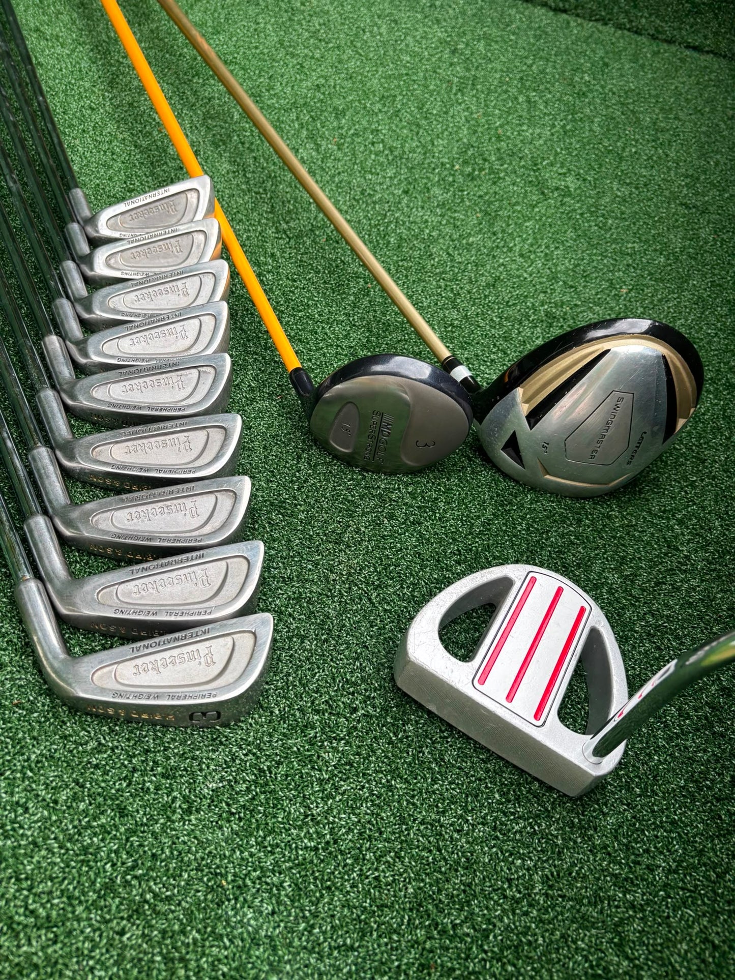 Pinseeker 3–SW Full Golf Set + John Letters Driver, MD Golf 3 Wood & Slazenger Putter