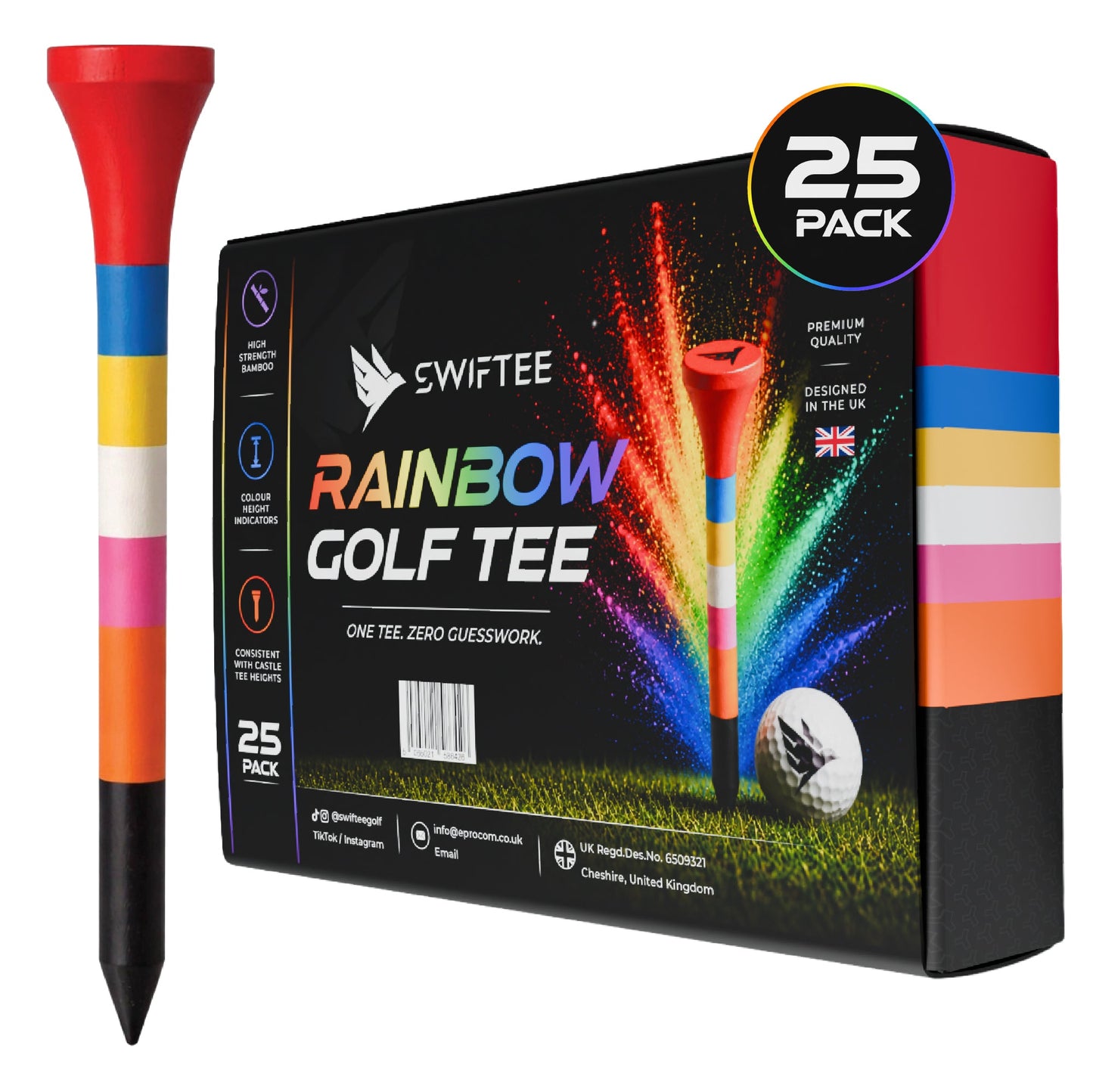 SWIFTEE Rainbow Golf Tees | Colour Coded Bamboo Golf Tees with Castle Tee Height References | Multi Height Golf Tee for Driver, Hybrid & Iron Shots | One Tee Zero Guesswork
