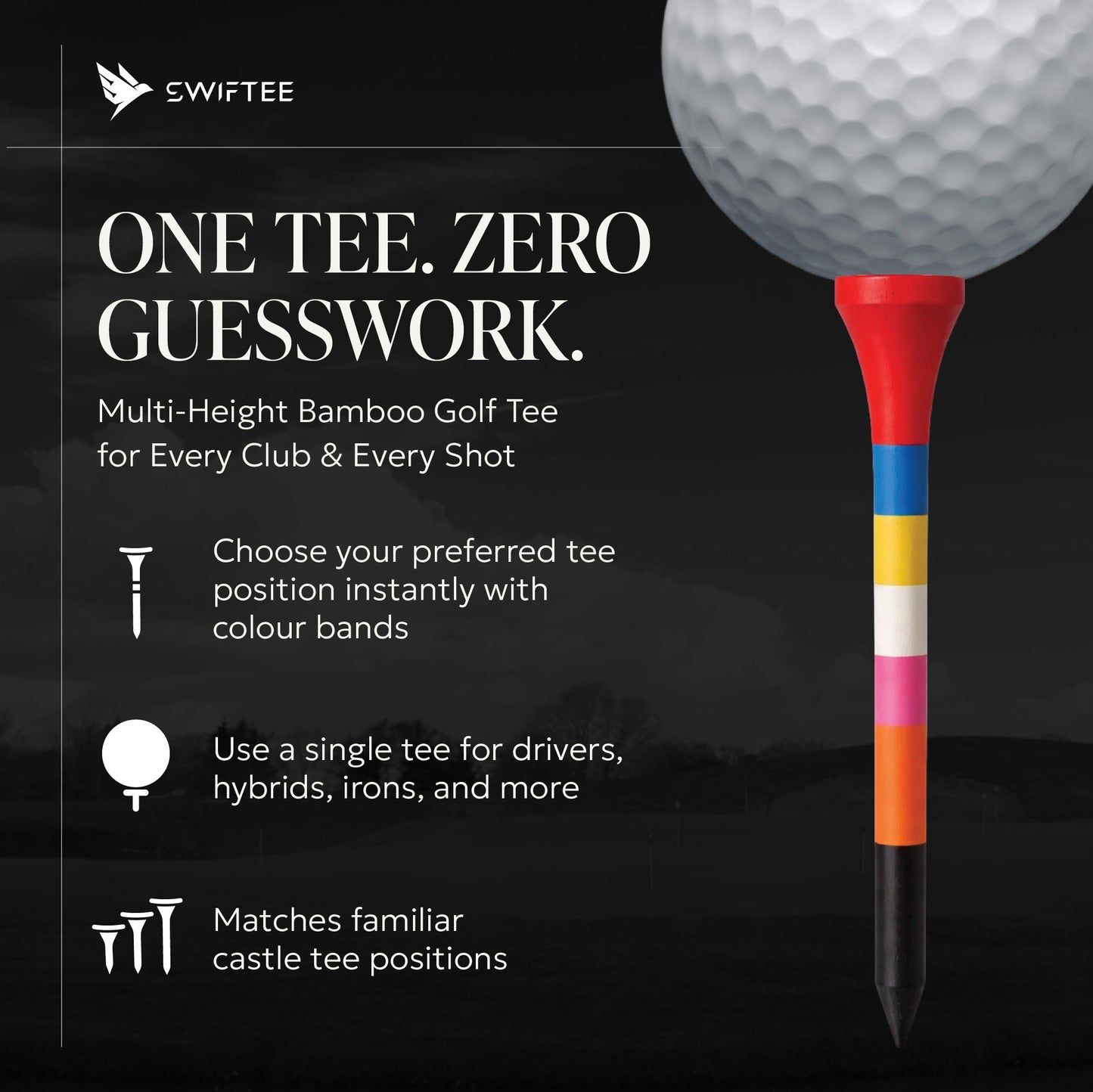 SWIFTEE Rainbow Golf Tees | Colour Coded Bamboo Golf Tees with Castle Tee Height References | Multi Height Golf Tee for Driver, Hybrid & Iron Shots | One Tee Zero Guesswork