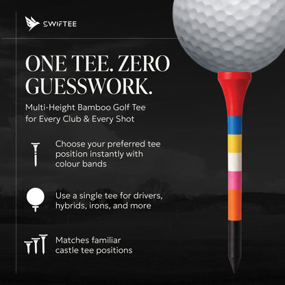 SWIFTEE Rainbow Golf Tees | Colour Coded Bamboo Golf Tees with Castle Tee Height References | Multi Height Golf Tee for Driver, Hybrid & Iron Shots | One Tee Zero Guesswork