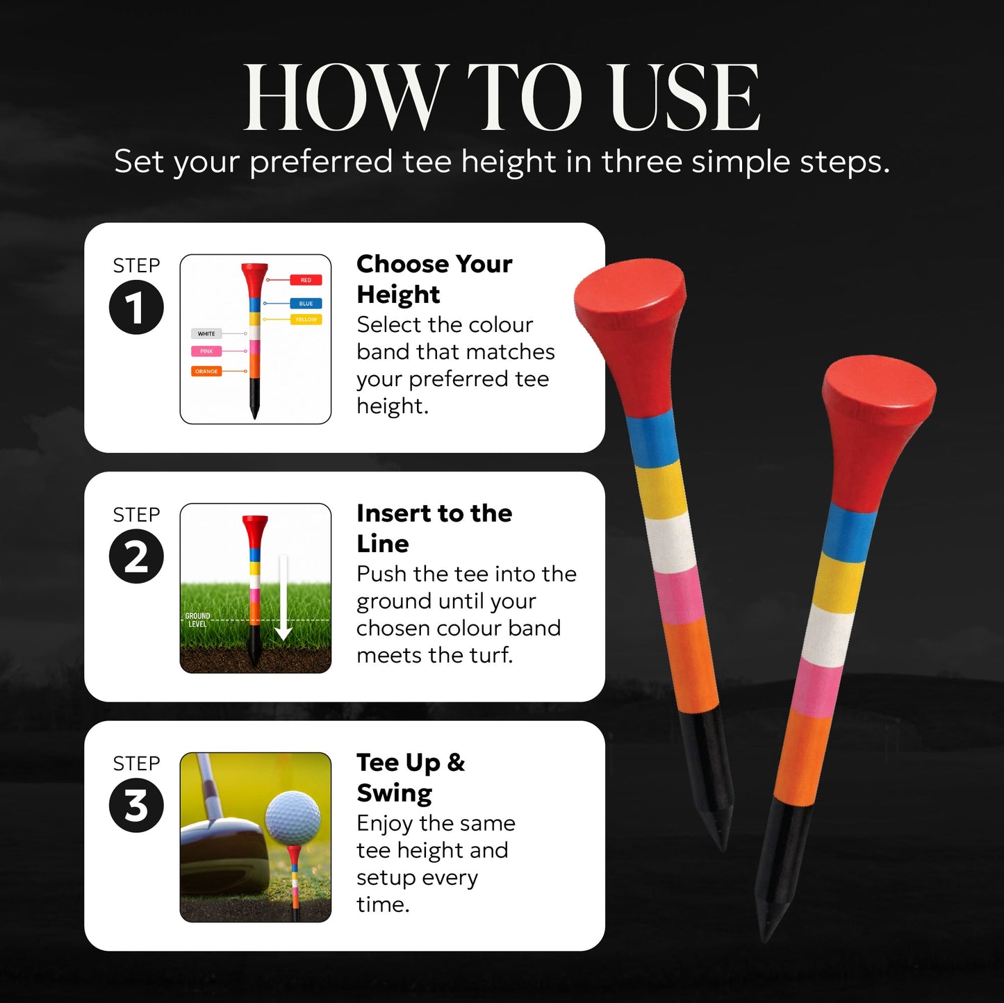 SWIFTEE Rainbow Golf Tees | Colour Coded Bamboo Golf Tees with Castle Tee Height References | Multi Height Golf Tee for Driver, Hybrid & Iron Shots | One Tee Zero Guesswork
