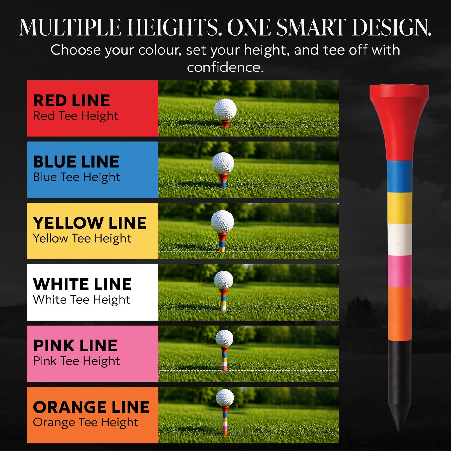 SWIFTEE Rainbow Golf Tees | Colour Coded Bamboo Golf Tees with Castle Tee Height References | Multi Height Golf Tee for Driver, Hybrid & Iron Shots | One Tee Zero Guesswork