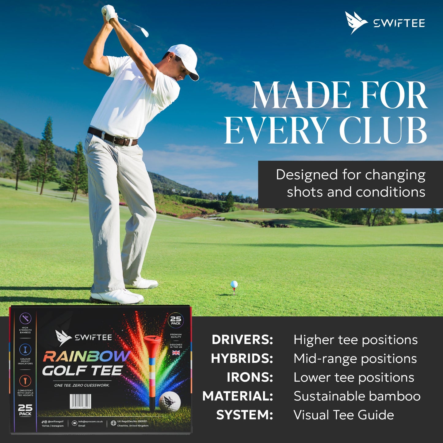 SWIFTEE Rainbow Golf Tees | Colour Coded Bamboo Golf Tees with Castle Tee Height References | Multi Height Golf Tee for Driver, Hybrid & Iron Shots | One Tee Zero Guesswork