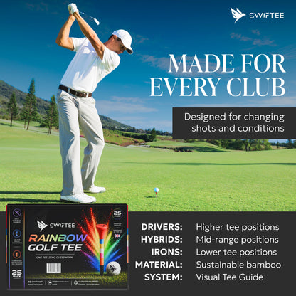 SWIFTEE Rainbow Golf Tees | Colour Coded Bamboo Golf Tees with Castle Tee Height References | Multi Height Golf Tee for Driver, Hybrid & Iron Shots | One Tee Zero Guesswork