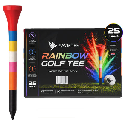 SWIFTEE Rainbow Golf Tees | Colour Coded Bamboo Golf Tees with Castle Tee Height References | Multi Height Golf Tee for Driver, Hybrid & Iron Shots | One Tee Zero Guesswork