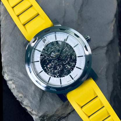 PUNCH Mens Watch, Silver & White Skeleton Automatic Watch - Yellow Rubber Strap