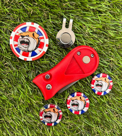 Golf plastic Pitchfork Magnetic Hat Clip With 3 British Bull Dog Markers And Poker chip