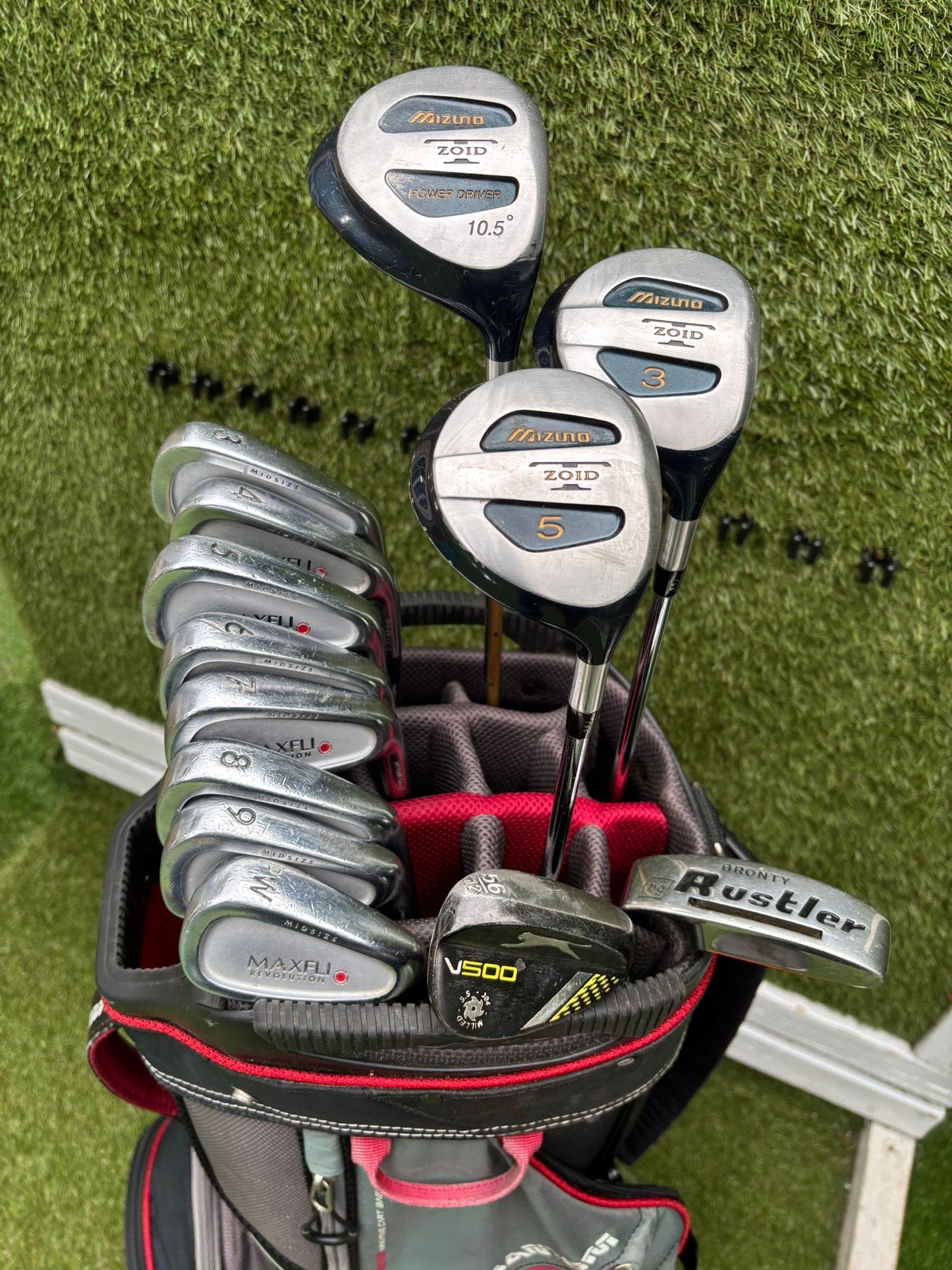 Maxfli Revolution Irons 3-PW + Mizuno Zoid Woods + Sun Mountain Cart Bag
