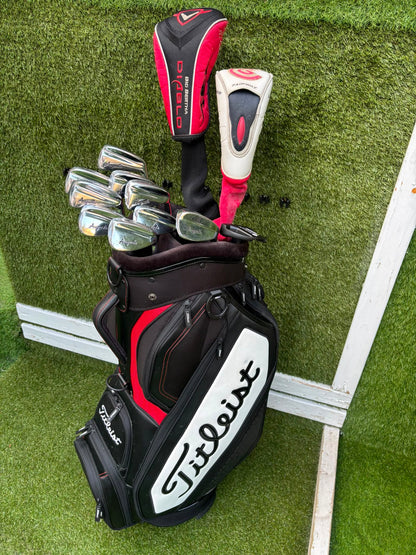 Wilson 3–SW Irons, TaylorMade Driver, Cleveland Fairway, Slazenger Putter & Titleist Cart Bag