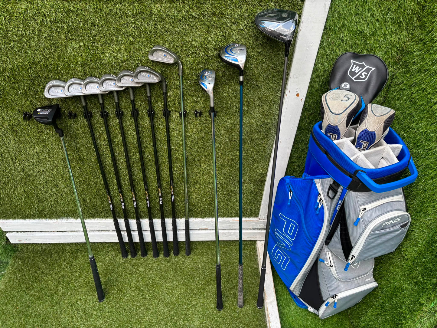 Ping Eye2+ Blue Dot Graphite Irons, Brand New Wilson D7 Driver, Ping G5 Woods & Ping Traverse Cart Bag
