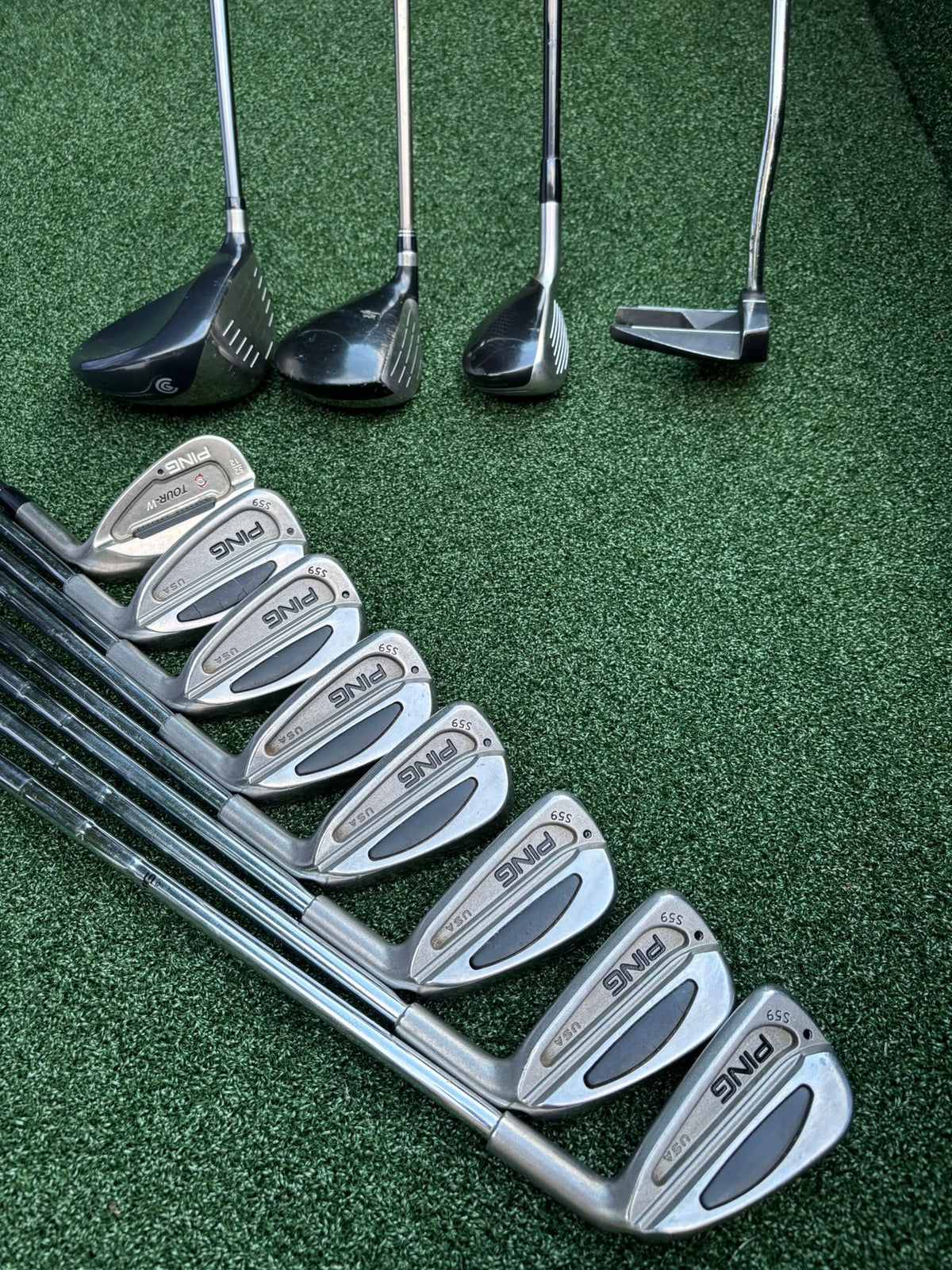 PING S59 4–PW Irons, Tour-W 52° Wedge, Cleveland HiBore Driver, Cobra 5 Wood, Mizuno Hybrid, MacGregor Putter & Stand Bag