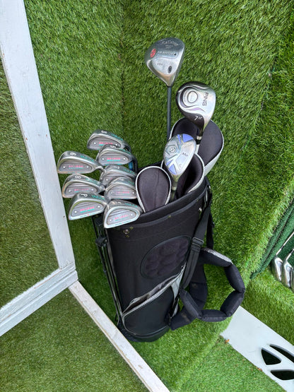 Ladies Yasuda SP-1800 Irons, Callaway Big Bertha Driver, Ping Rhapsody 7 Wood, Ben Sayers Hybrid & Stand Bag
