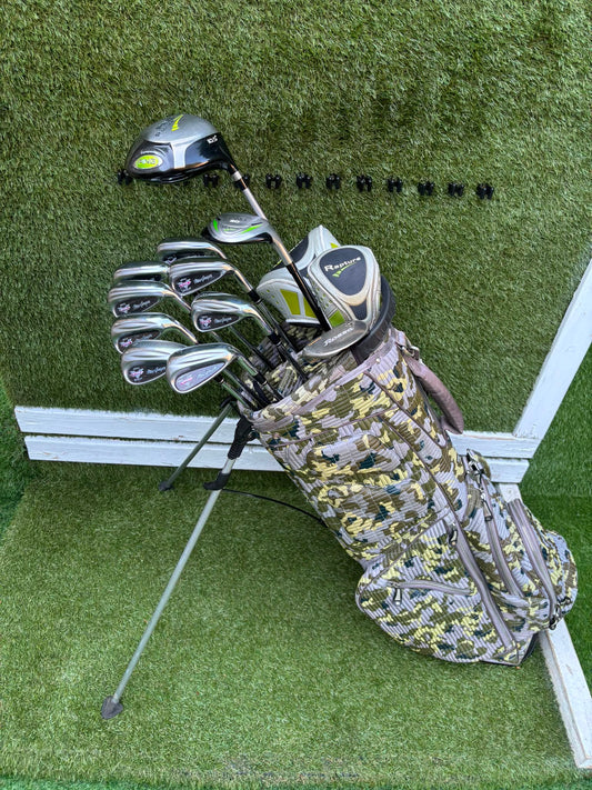 MacGregor V-Foil M565 Irons, Ping Driver, Ping Hybrid, TaylorMade Putter & Premium OUUL Camouflage Stand Bag
