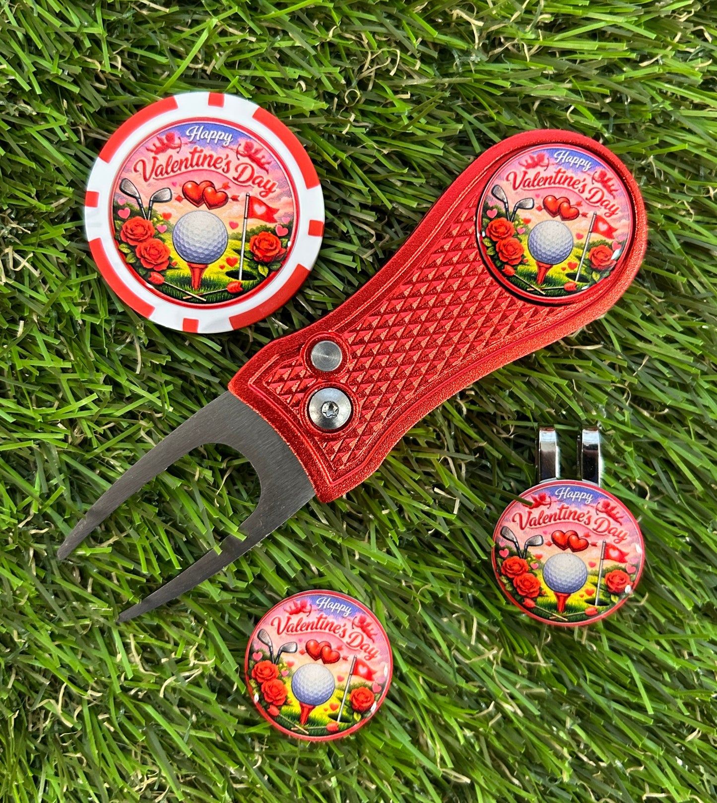 Red Valentines Day Golf ball marker with metal pitchfork and poker chip